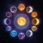 Illustration des 12 phases lunaires autour du Soleil avec des couleurs énergétiques représentant les cycles de la lune dans un ciel étoilé.